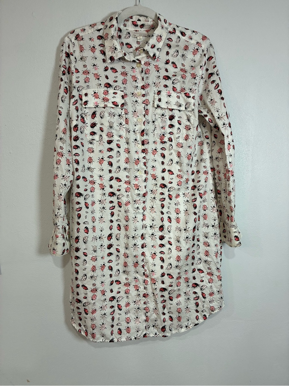 GAP White Long-Sleeve Shirt Dress with Red Floral & Black Ladybug Motif